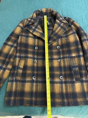 Men's Double-Breasted Plaid Peacoat in Navy & Mustard